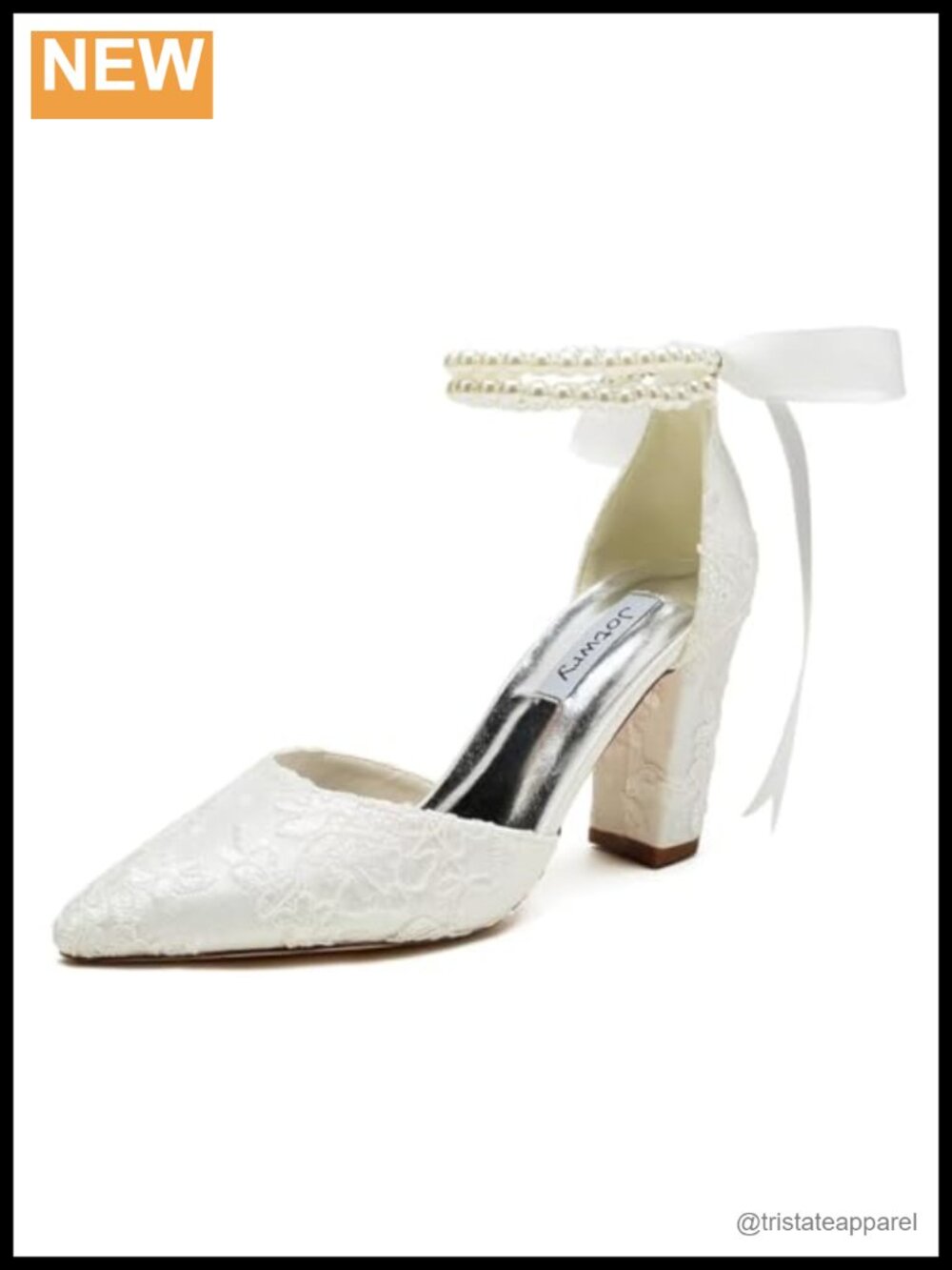 Satin Wedding Shoes Bridal Block Heel Pointed Toe Pearl Ankle Strap